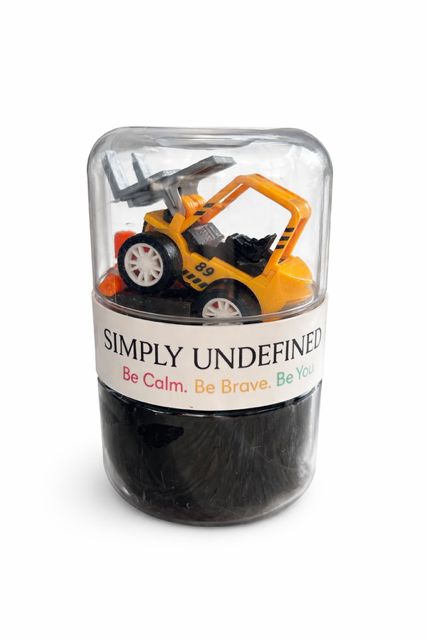 Small toy car in a clear plastic container with a label on a white background