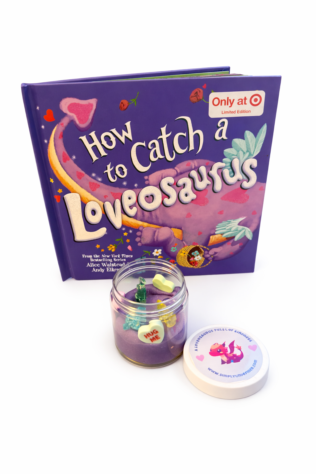 Loveosaurus Valentine Sensory Dough Jar with purple dough inspired by how to catch a loveosaurus book